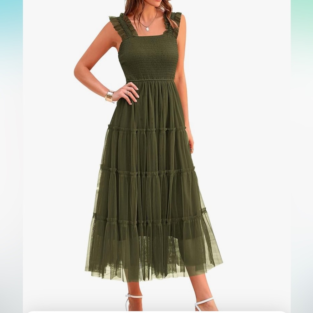 PRETTY GARDEN Amazon | Tulle Ruffle Sleeveless Smocked Square Neck Midi Dress